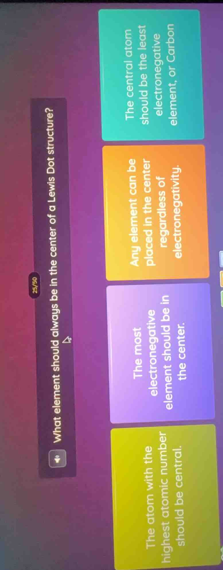 what element should always be in the center of a lewis dot structure? t…