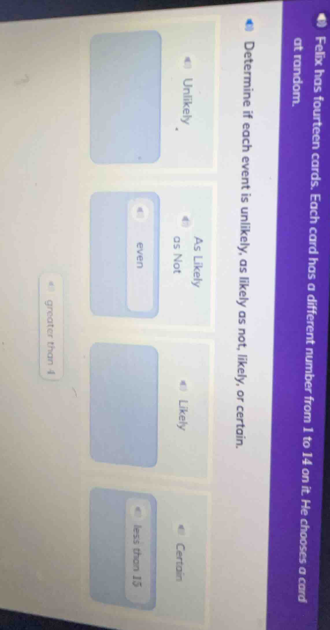 felix has fourteen cards. each card has a different number from 1 to 14…