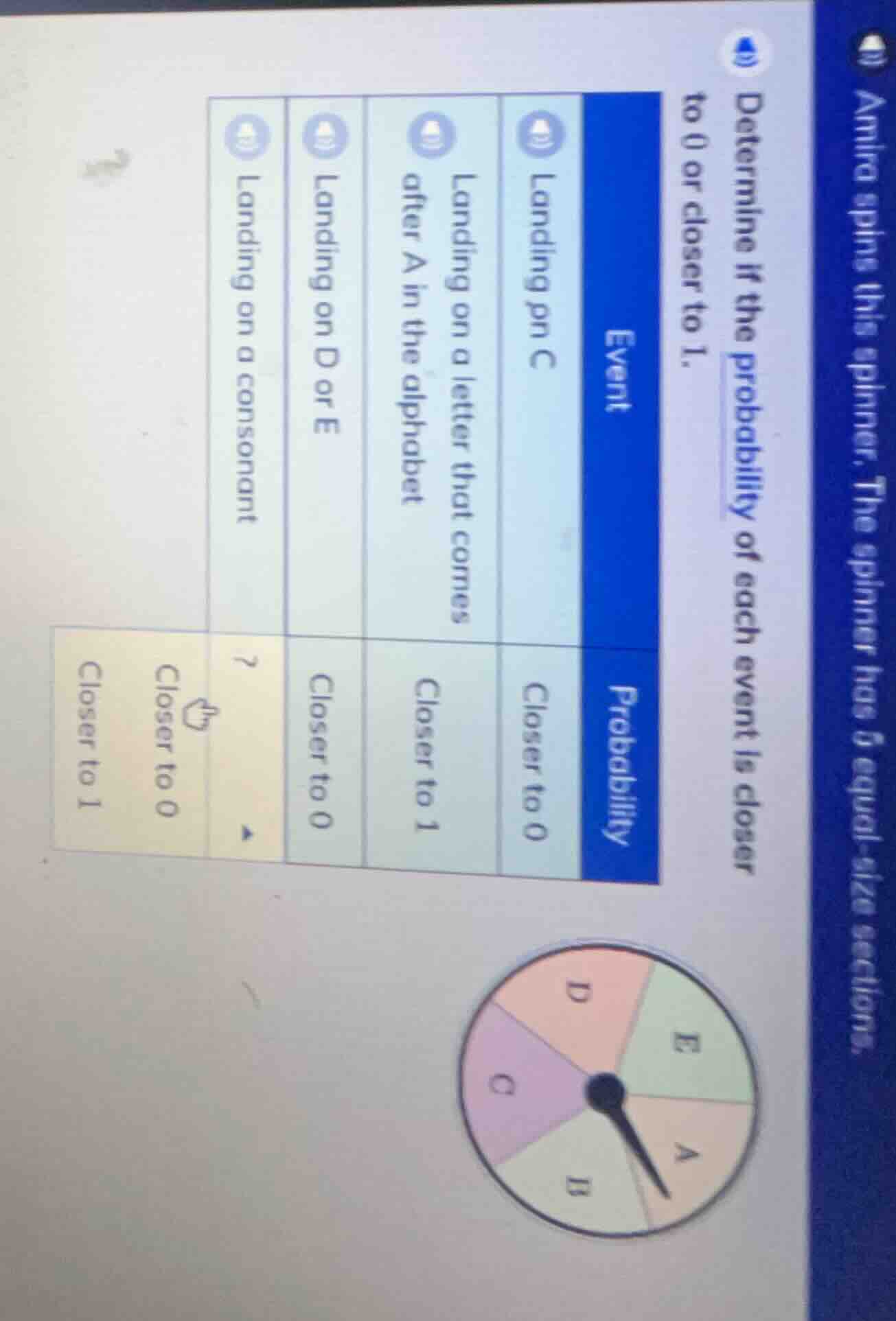 amira spins this spinner. the spinner has 5 equal - size sections. dete…