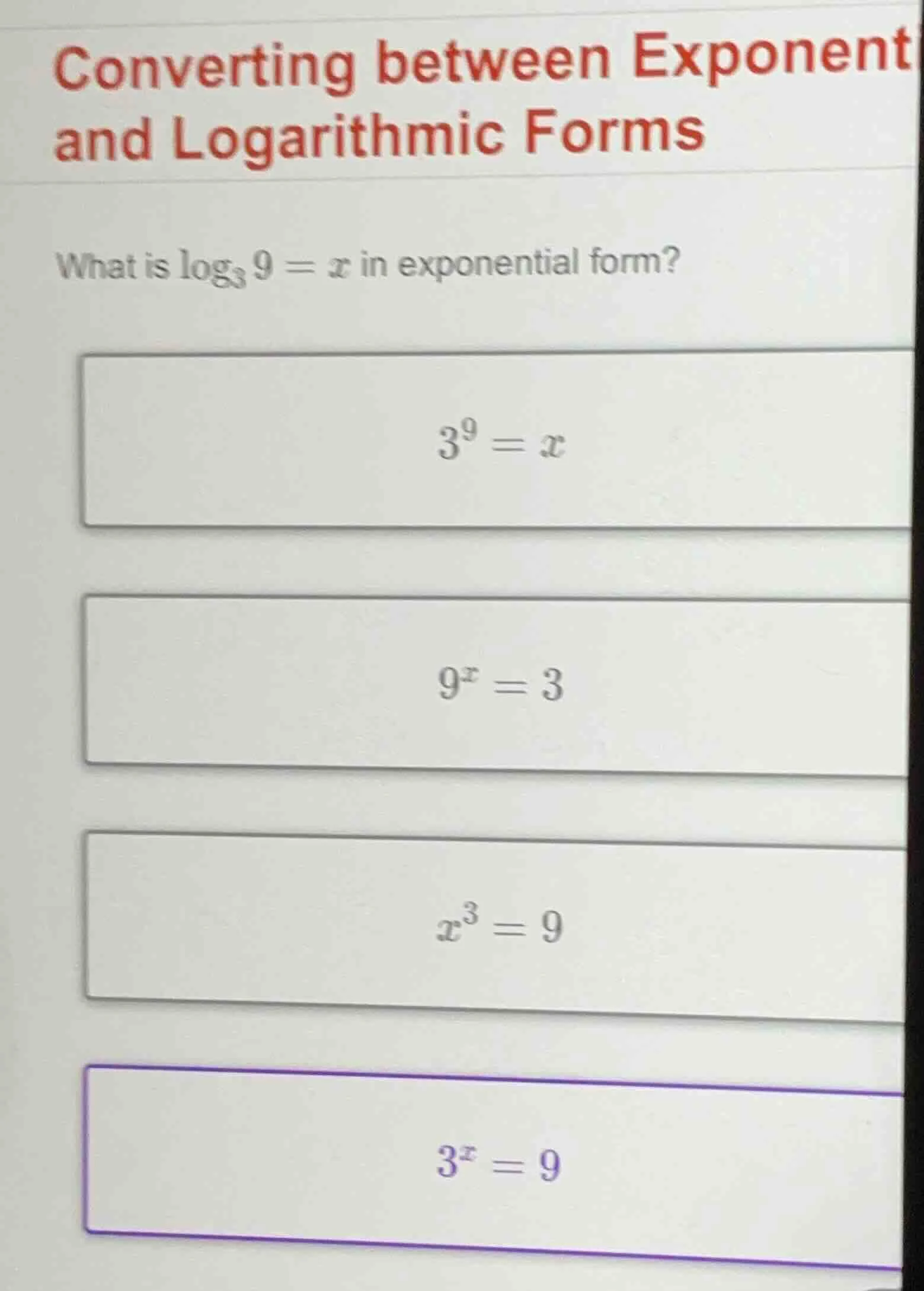 converting between exponent and logarithmic forms what is \\(\\log_{3} …