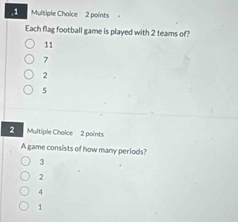 1 multiple choice 2 points each flag football game is played with 2 tea…