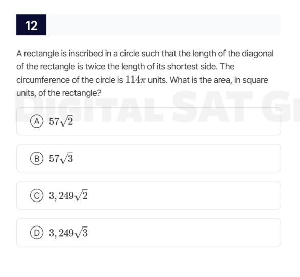12 a rectangle is inscribed in a circle such that the length of the dia…