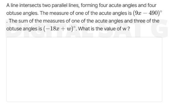 a line intersects two parallel lines, forming four acute angles and fou…