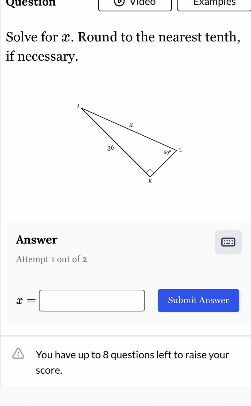 solve for x. round to the nearest tenth, if necessary. triangle image w…