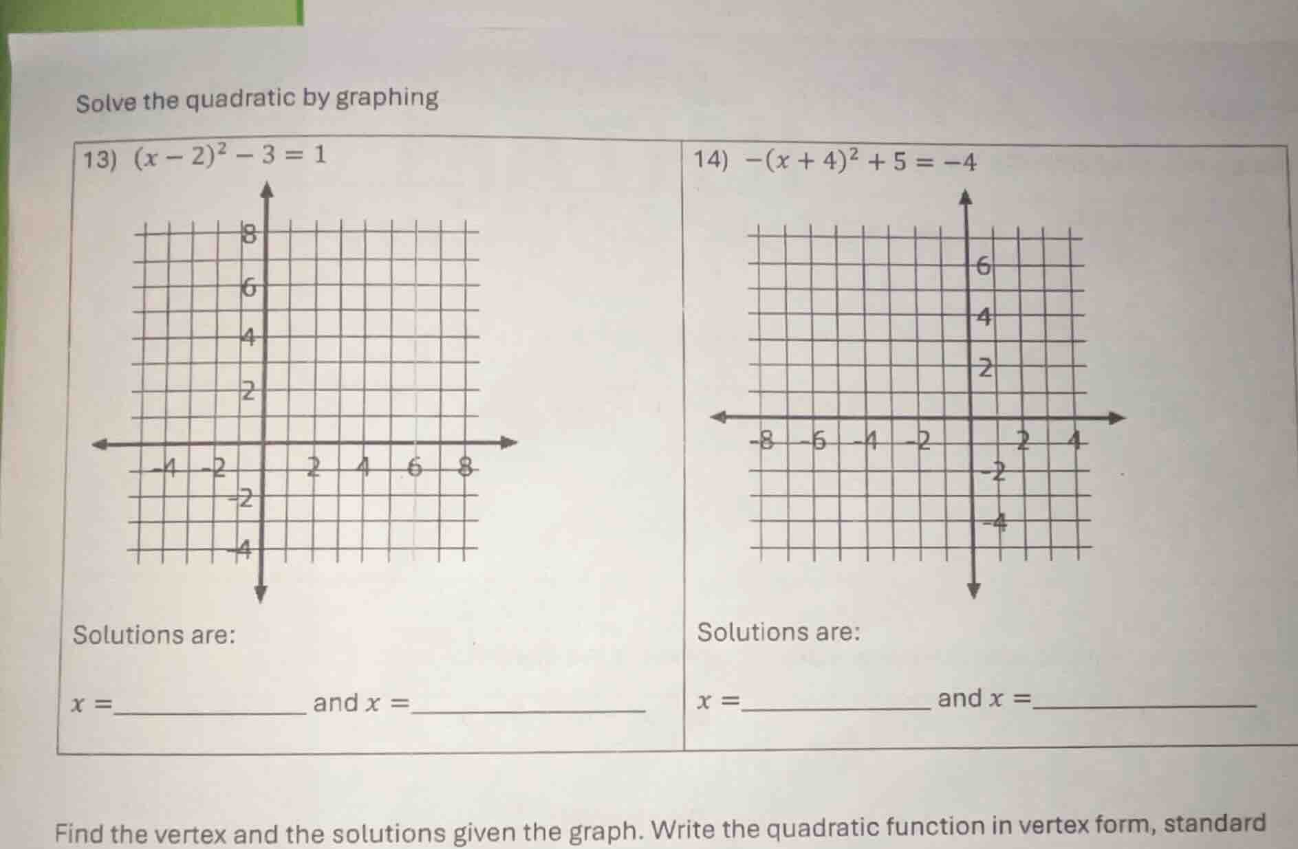 solve the quadratic by graphing 13) ((x - 2)^2 - 3 = 1) solutions are: …