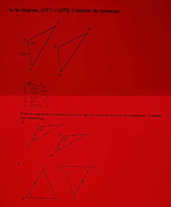 in the diagram, $\\triangle efg \\cong \\triangle opq$. complete the st…