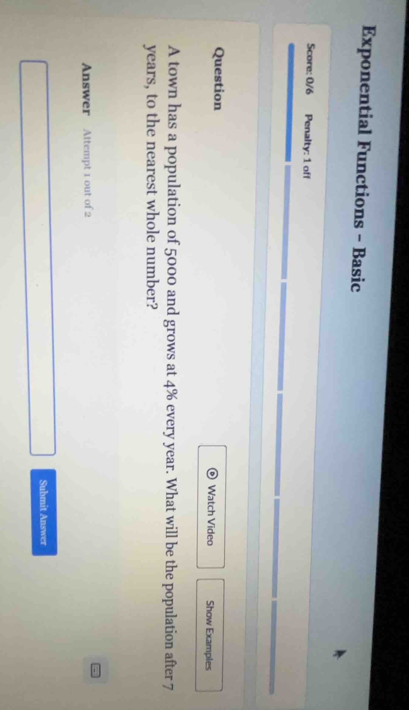 question a town has a population of 5000 and grows at 4% every year. wh…