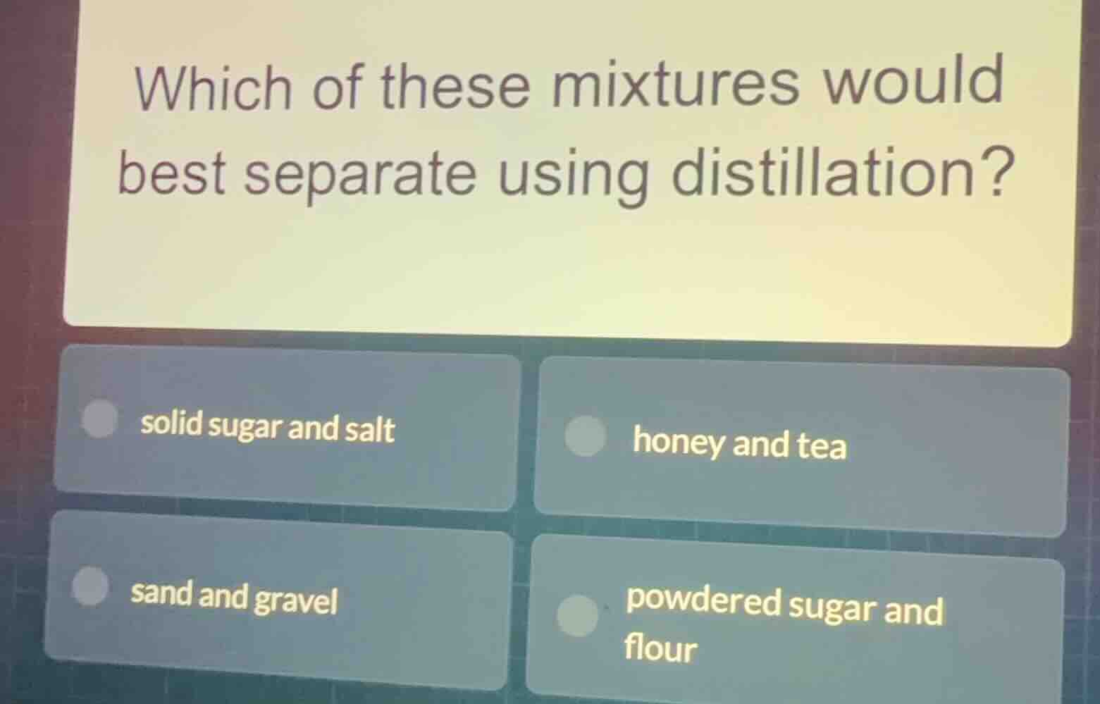 which of these mixtures would best separate using distillation? solid s…