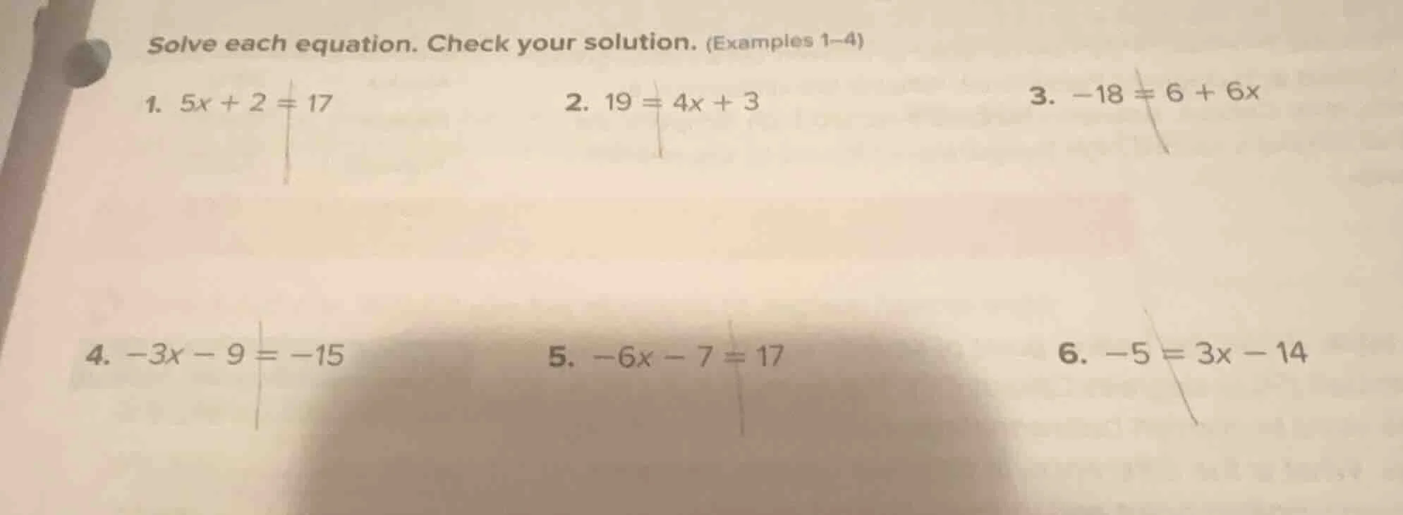 solve each equation. check your solution. (examples 1–4) 1. $5x + 2 = 1…