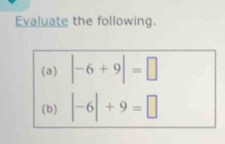 evaluate the following. (a) \\(|-6 + 9| = \\square\\) (b) \\(|-6| + 9 =…