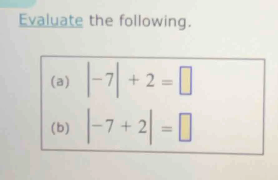 evaluate the following. (a) $vert -7 vert + 2 = \\square$ (b) $vert -7 …