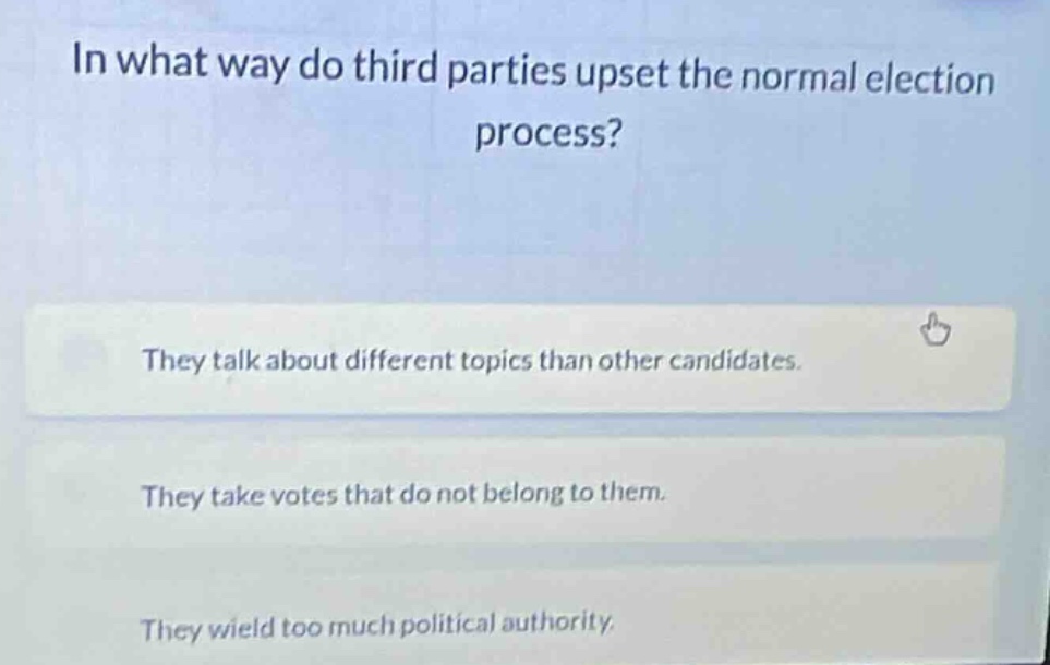 in what way do third parties upset the normal election process? they ta…