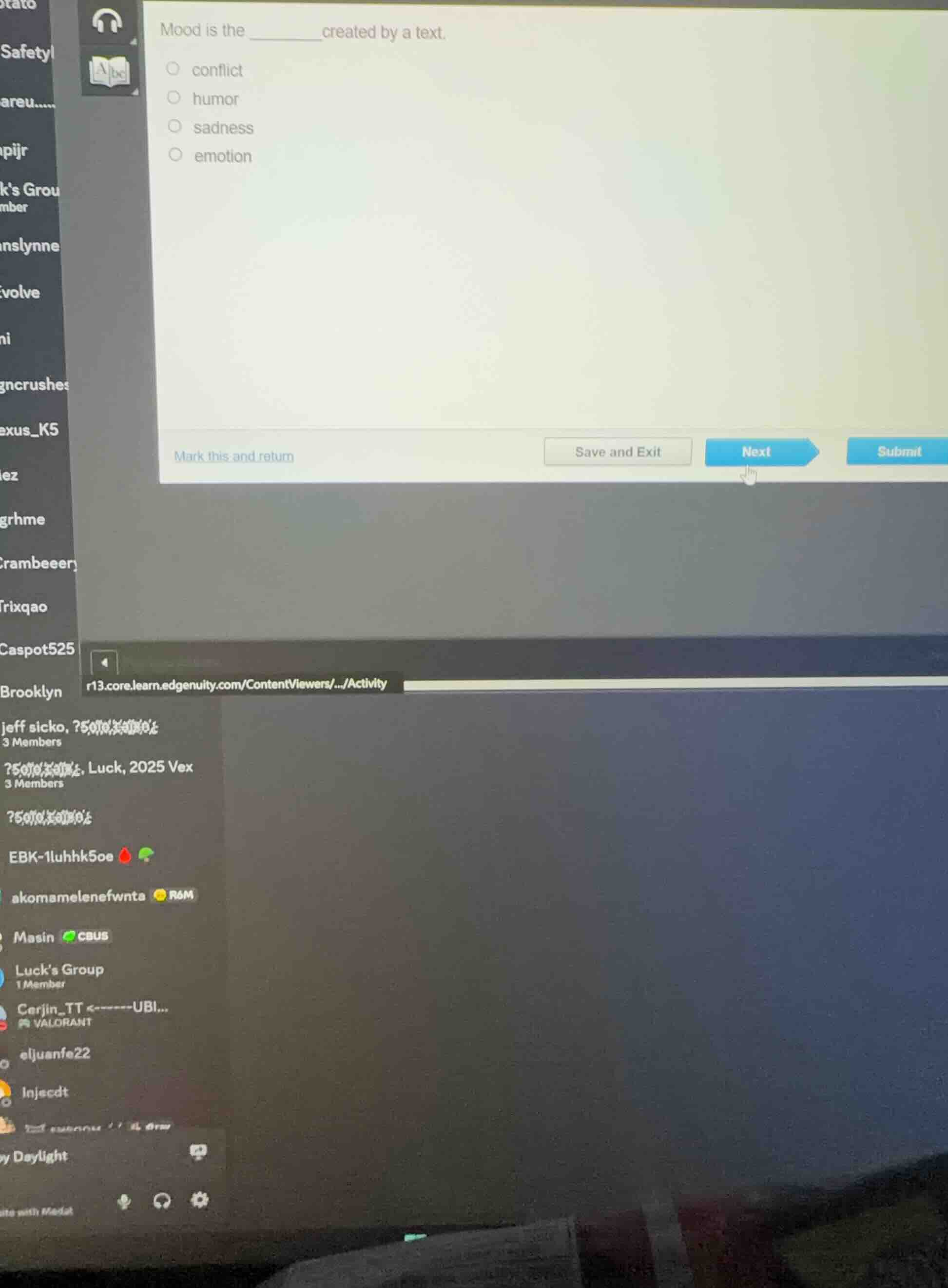 mood is the ______ created by a text. options: conflict, humor, sadness…