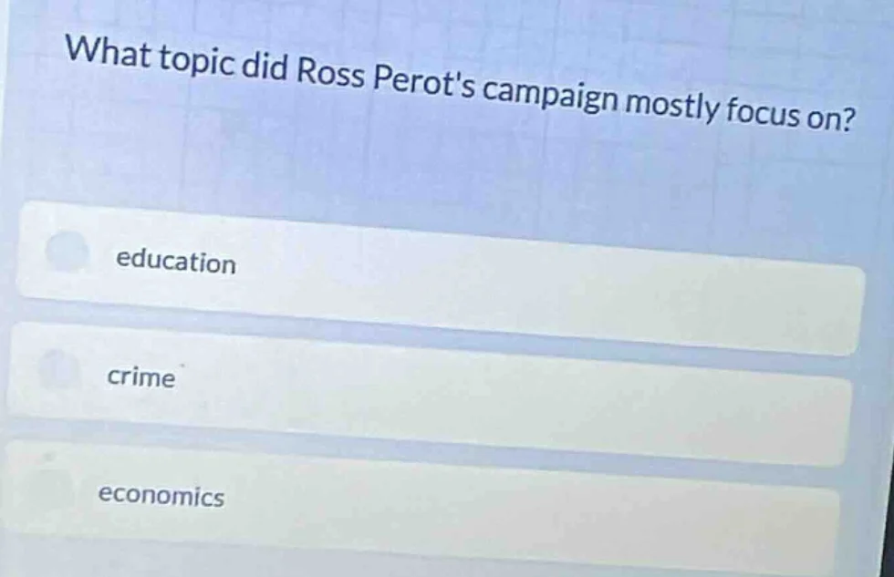 what topic did ross perots campaign mostly focus on? education crime ec…