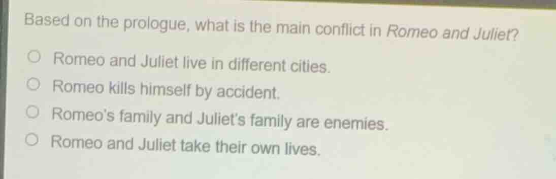 based on the prologue, what is the main conflict in romeo and juliet? ○…