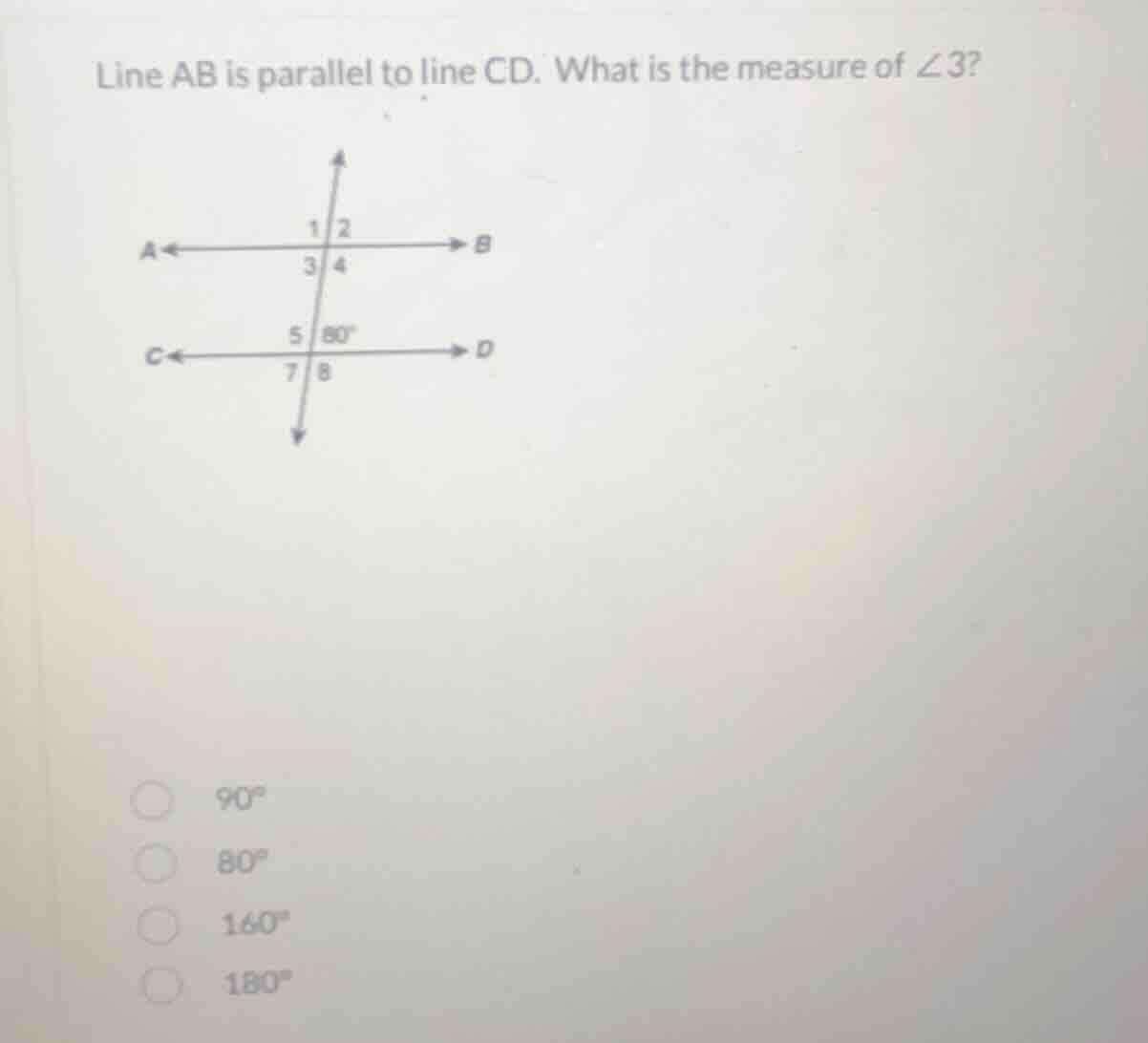 line ab is parallel to line cd. what is the measure of $\\angle 3$? opt…