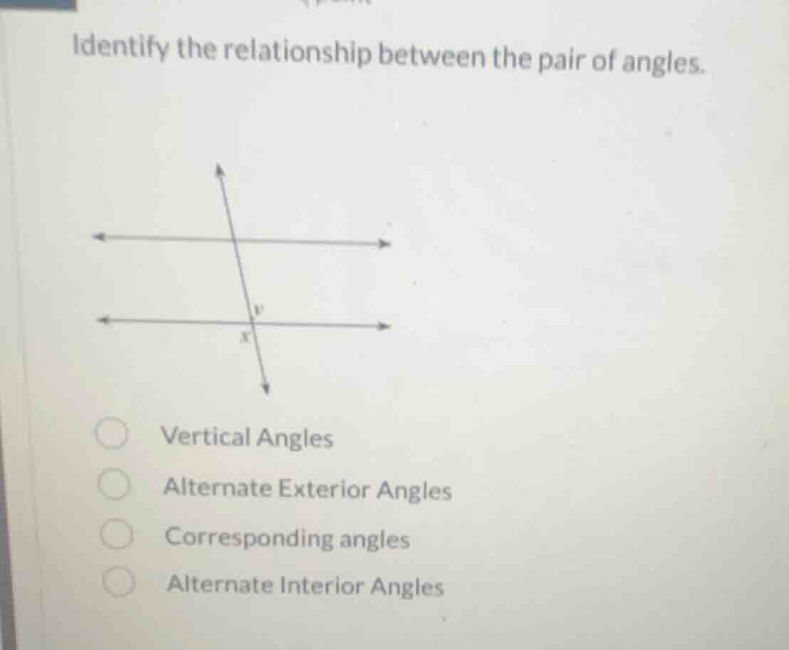 identify the relationship between the pair of angles. image of two para…