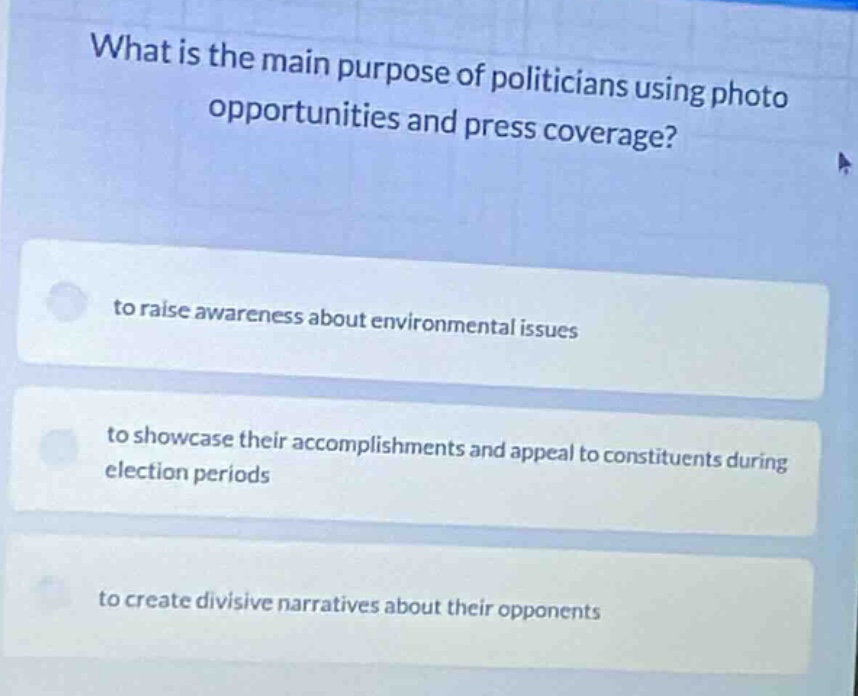 what is the main purpose of politicians using photo opportunities and p…