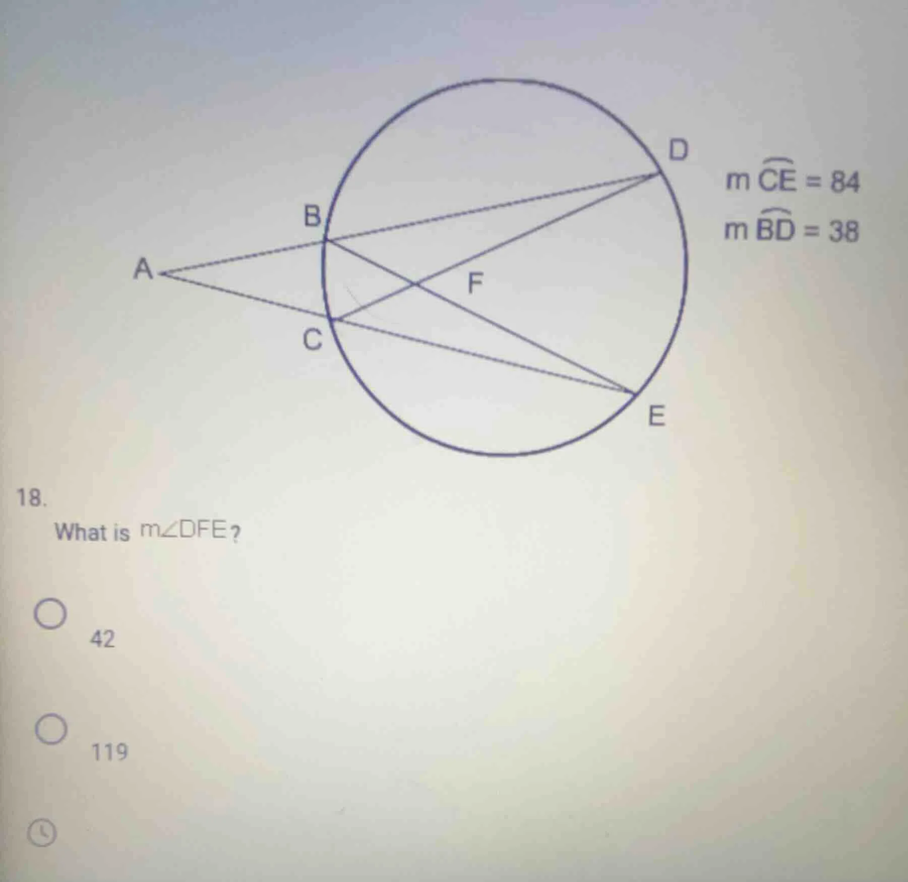 18. what is ( mangle dfe )? ( \bigcirc ) 42 ( \bigcirc ) 119 ( moverarc…
