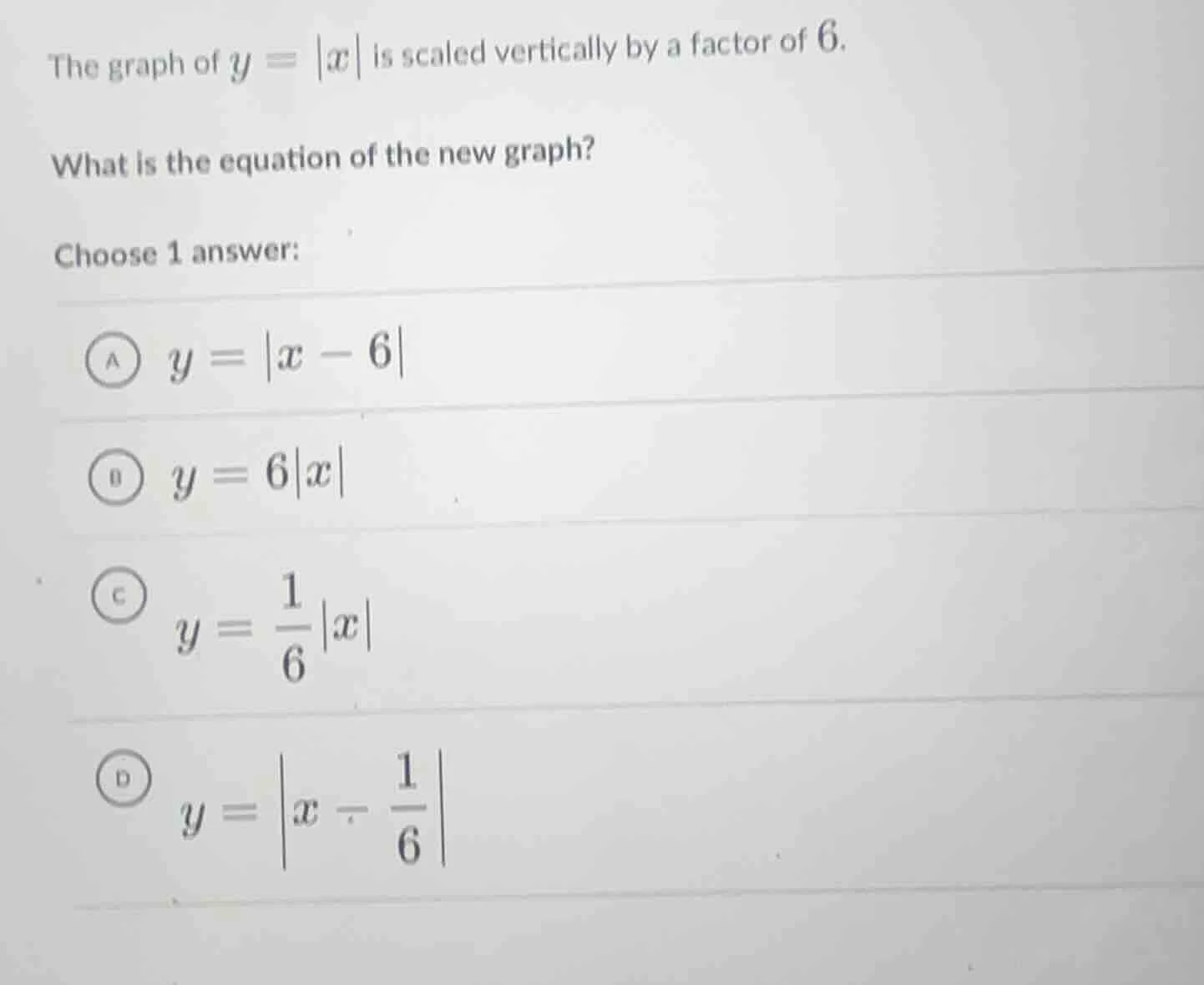 the graph of $y = |x|$ is scaled vertically by a factor of 6. what is t…