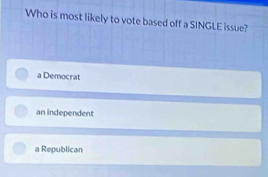 who is most likely to vote based off a single issue? a democrat an inde…