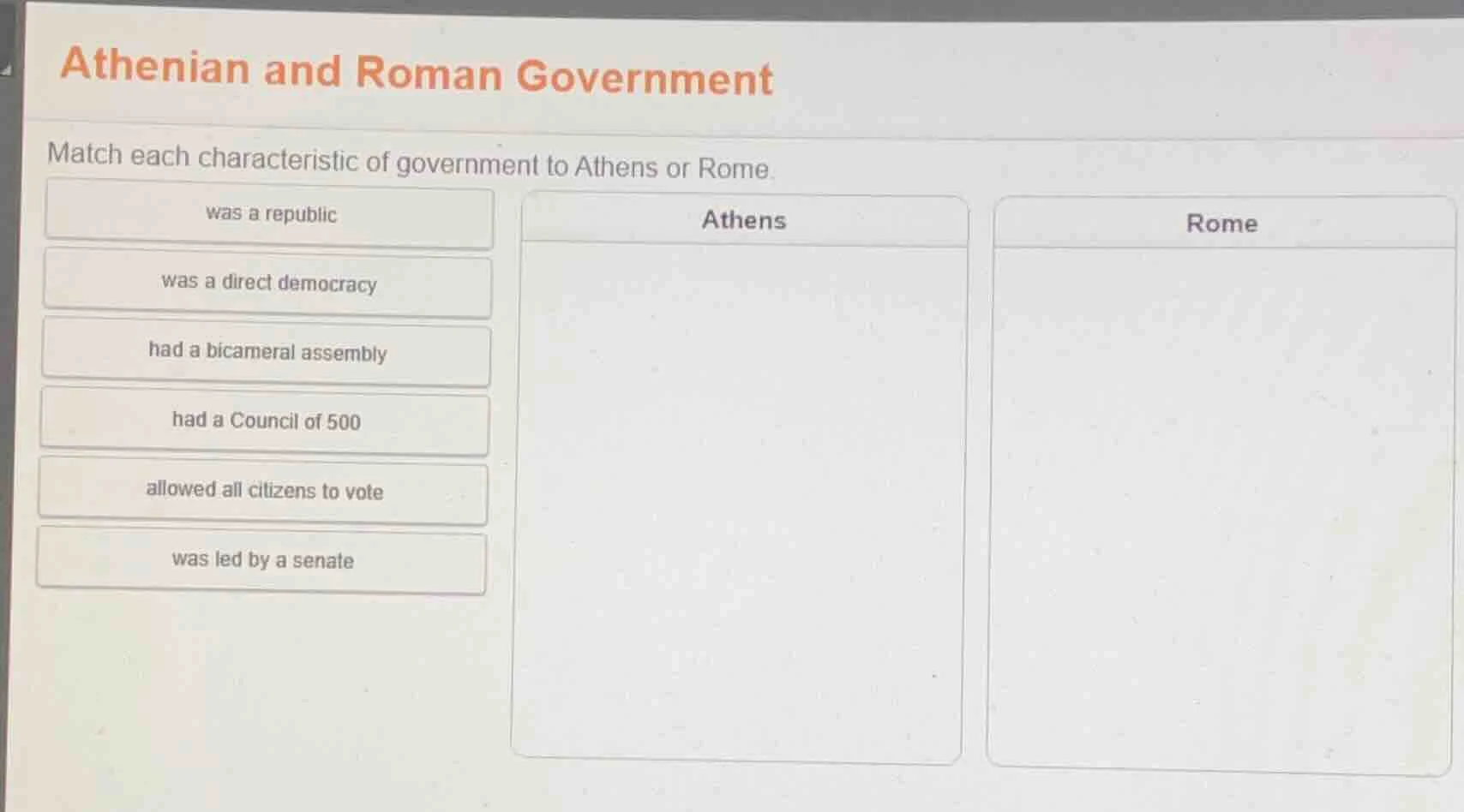 athenian and roman government match each characteristic of government t…