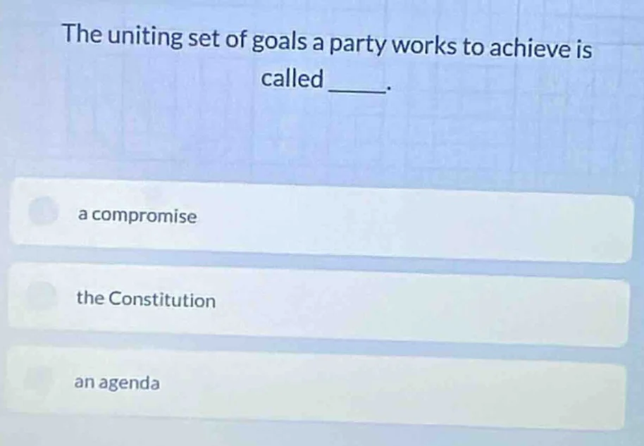 the uniting set of goals a party works to achieve is called _____. a co…