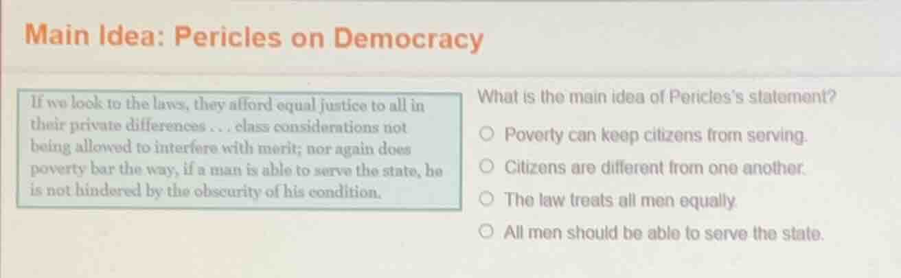 main idea: pericles on democracy if we look to the laws, they afford eq…