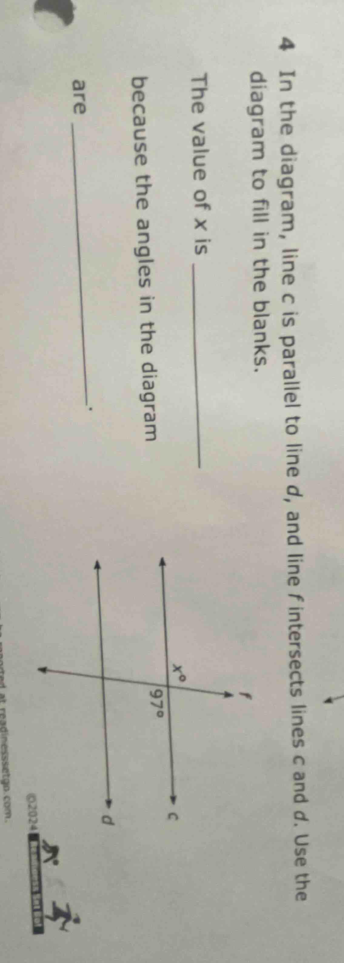 4 in the diagram, line c is parallel to line d, and line f intersects l…