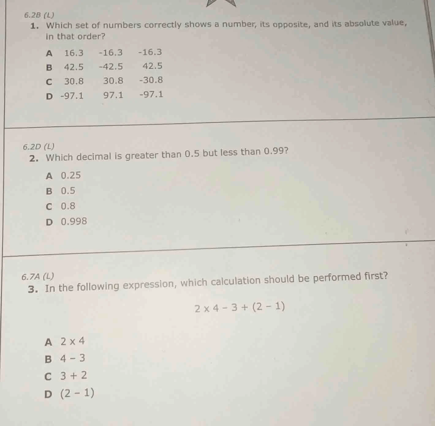 6.2b (l) 1. which set of numbers correctly shows a number, its opposite…