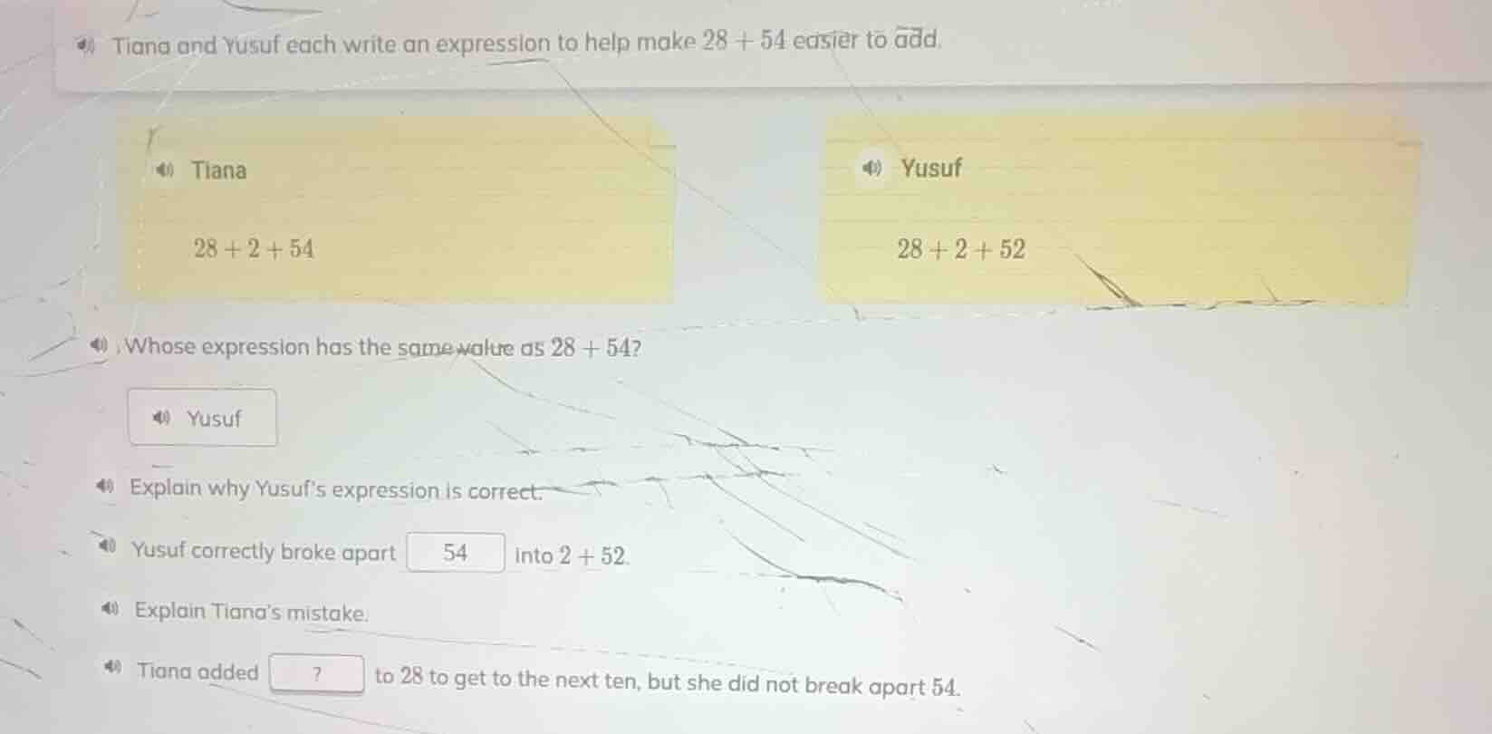 tiana and yusuf each write an expression to help make $28 + 54$ easier …