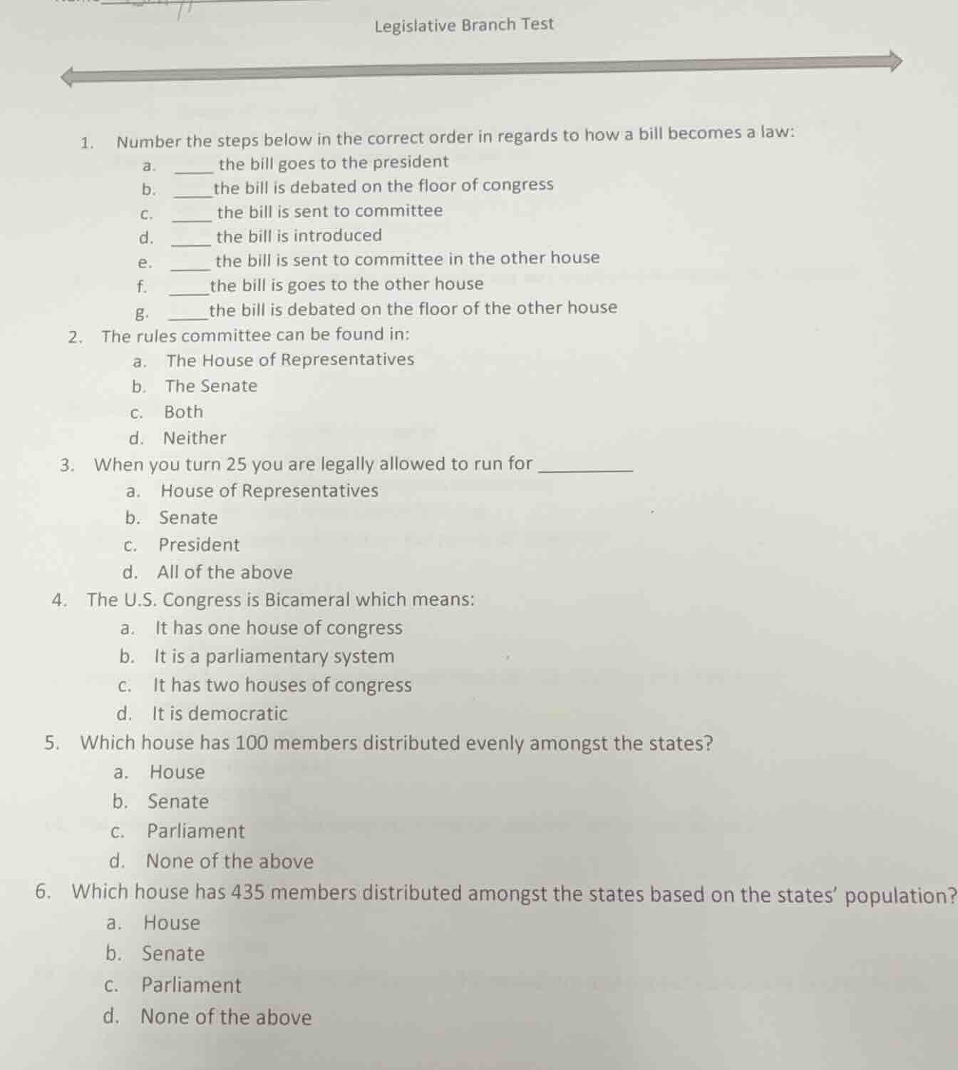 legislative branch test 1. number the steps below in the correct order …