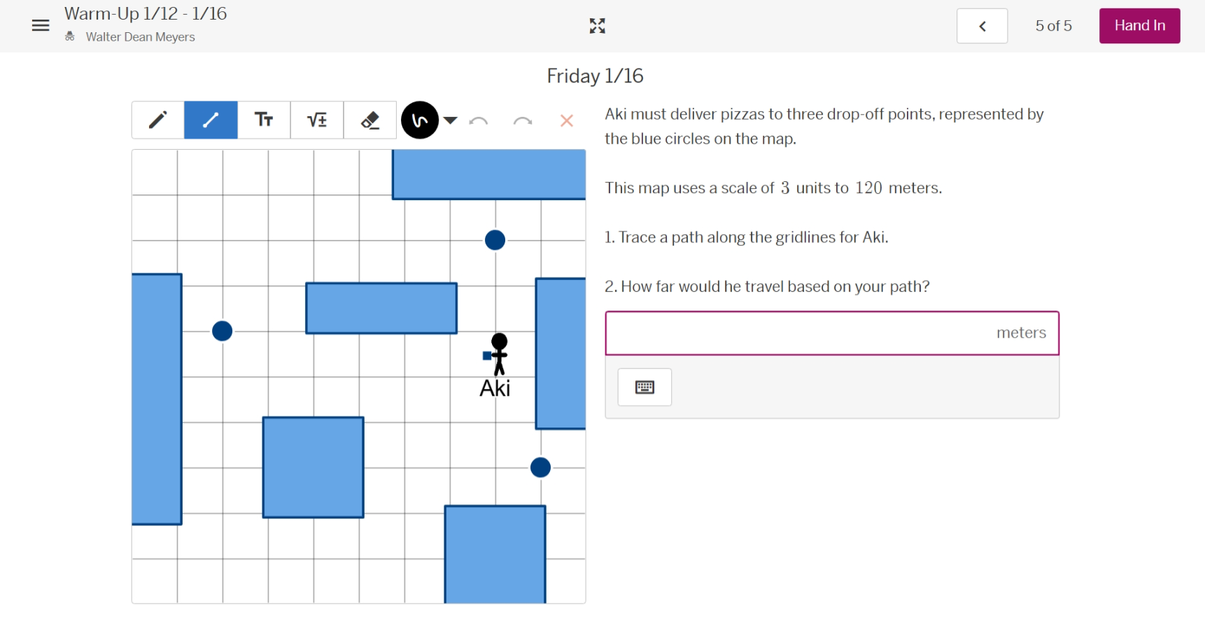 friday 1/16 aki must deliver pizzas to three drop - off points, represe…