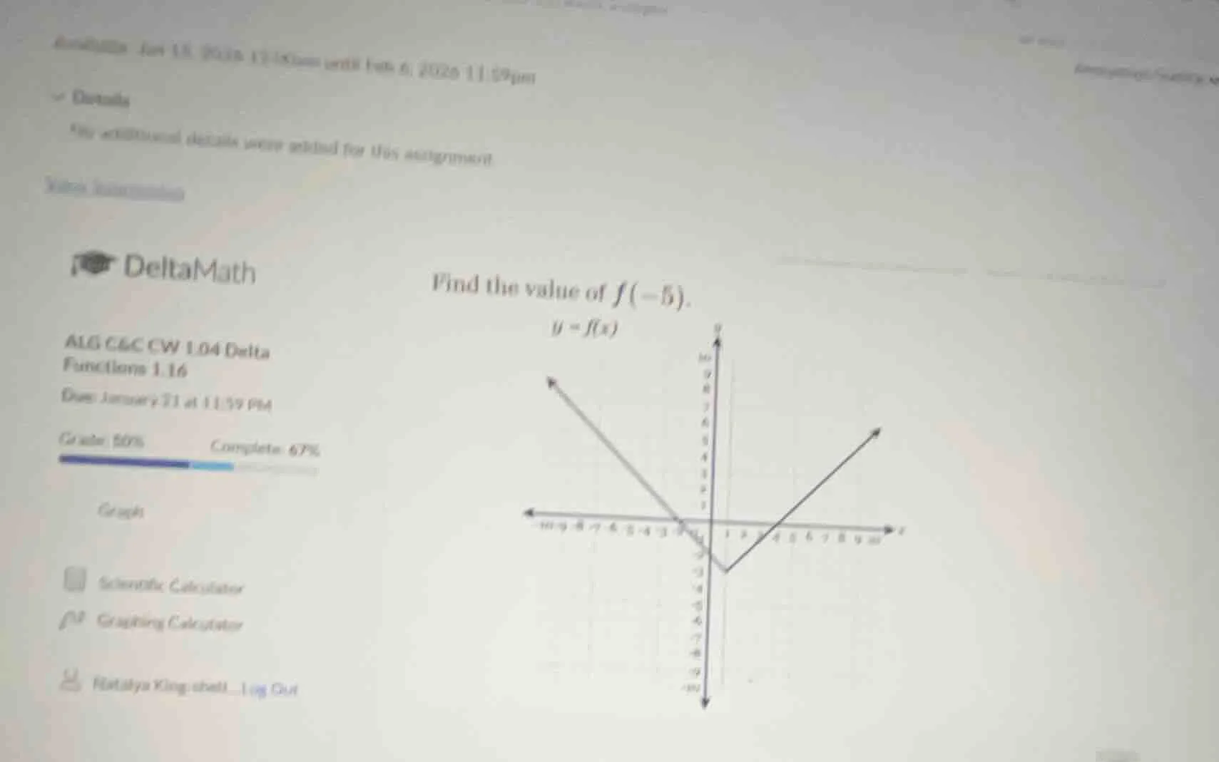 deltamath find the value of f(-5). y = f(x) alg c&c cw 1.04 delta funct…