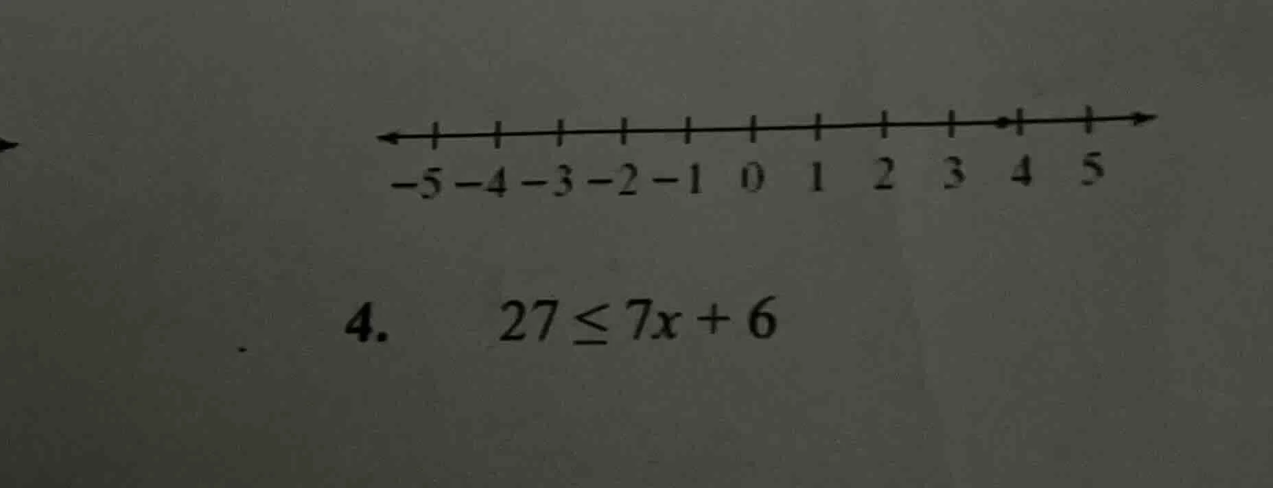 4. \\(27 \\leq 7x + 6\\) (number line from -5 to 5 with a dot near 4)