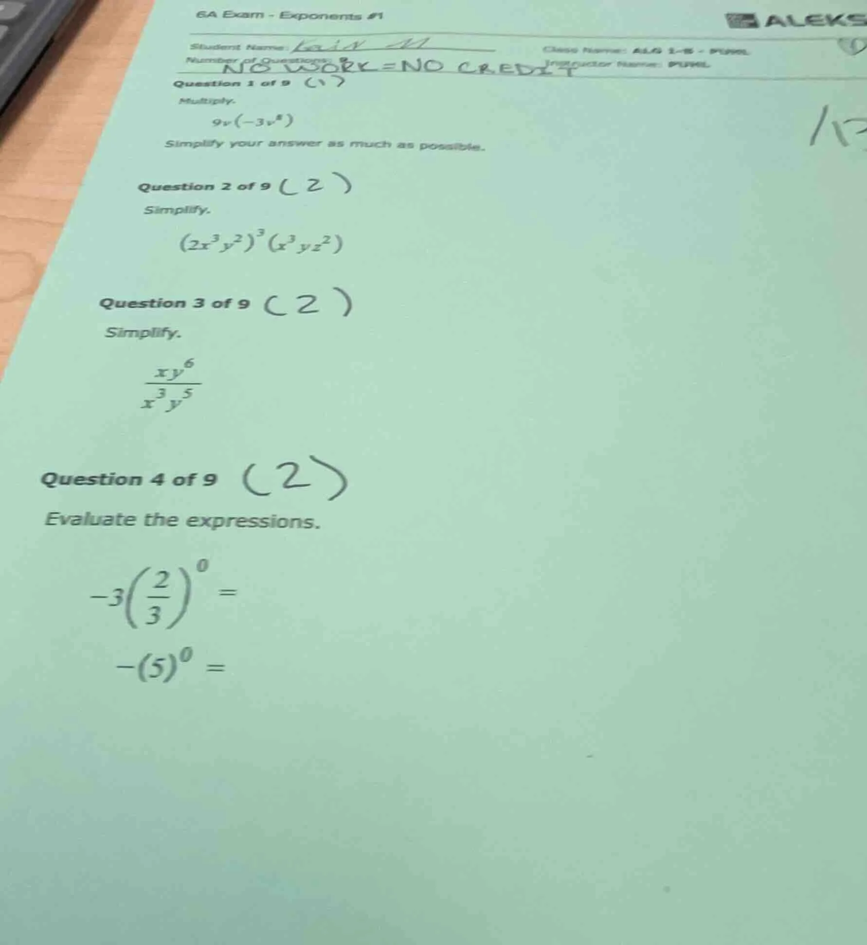 6a exam - exponents #1 student name: class name: number of questions: i…