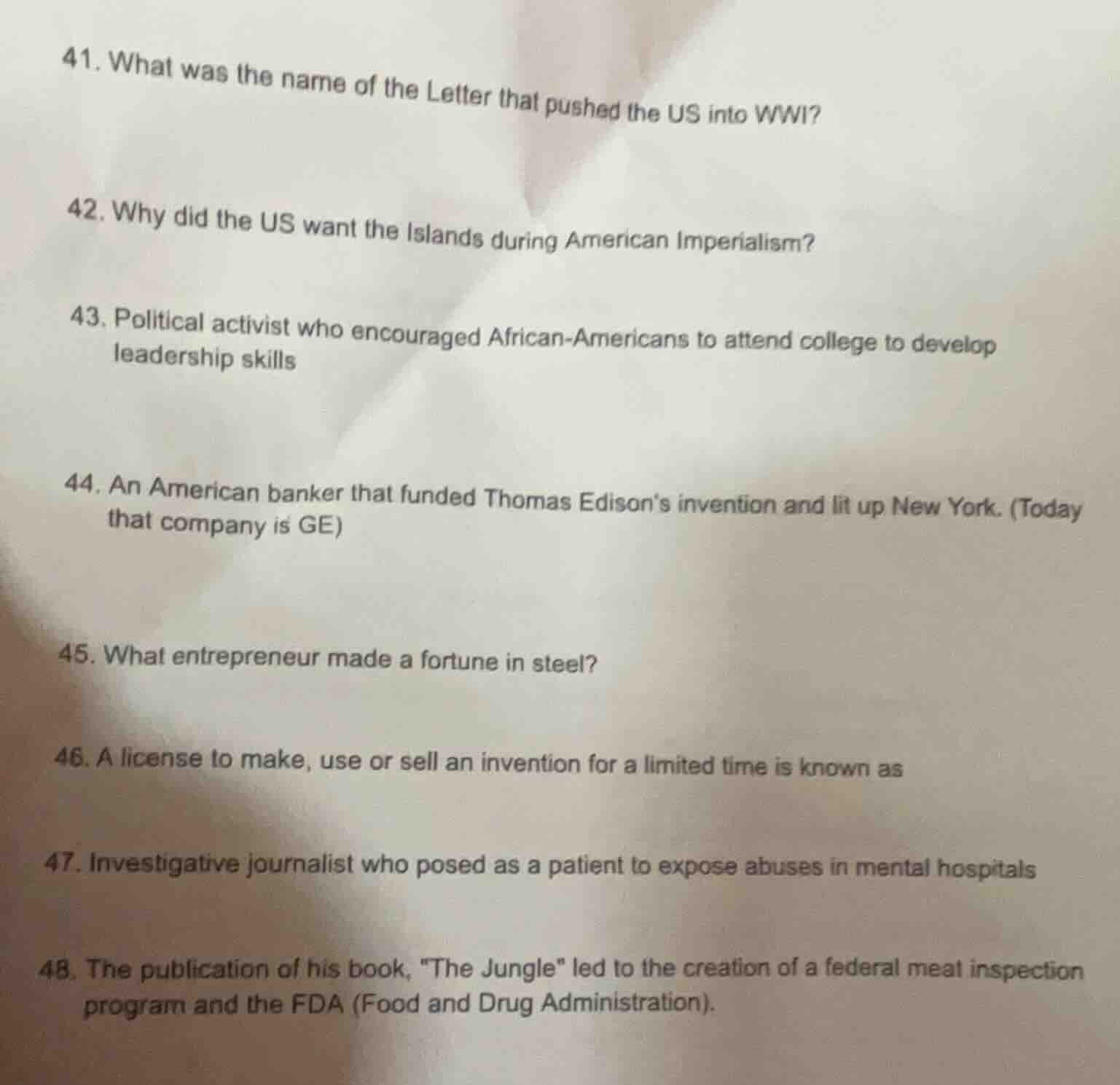 41. what was the name of the letter that pushed the us into wwi? 42. wh…