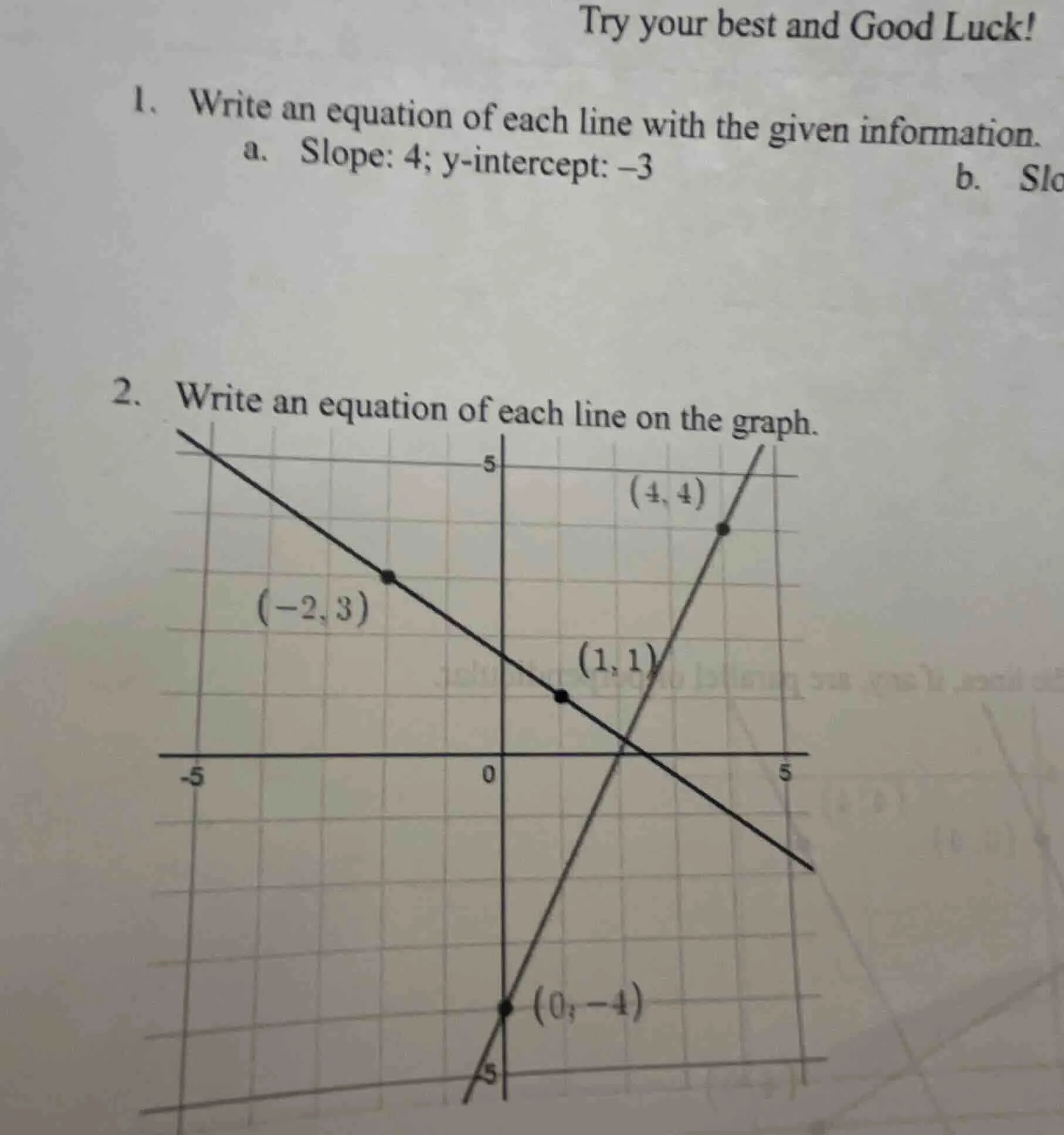 try your best and good luck! 1. write an equation of each line with the…