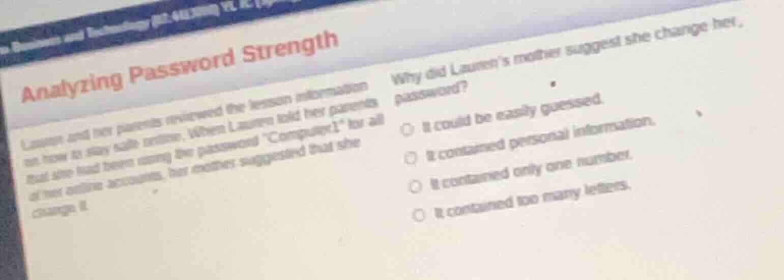 analyzing password strength lauren and her parents reviewed the lesson …