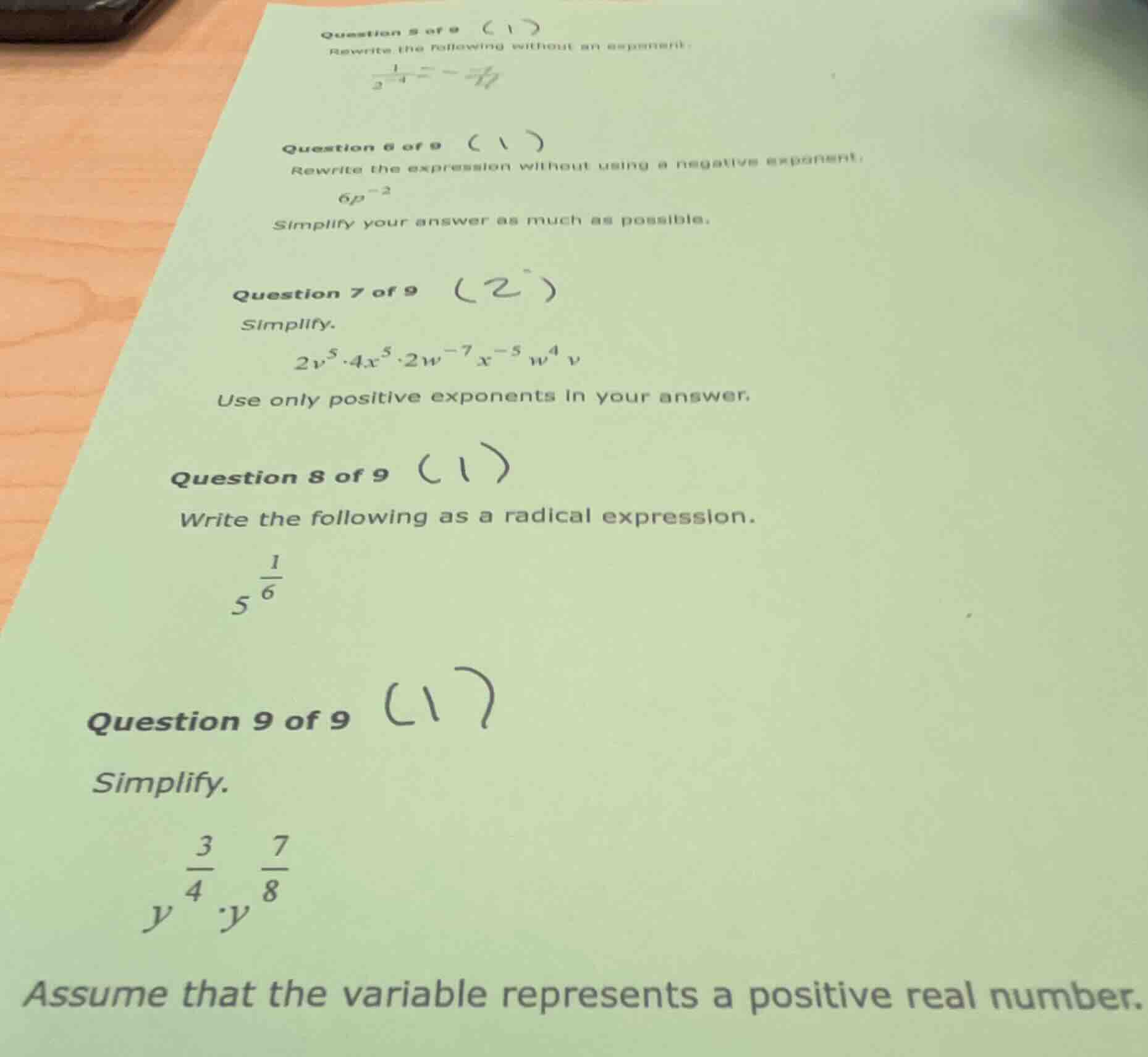 question 5 of 9 (1) rewrite the following without an exponent: \\(\\fra…