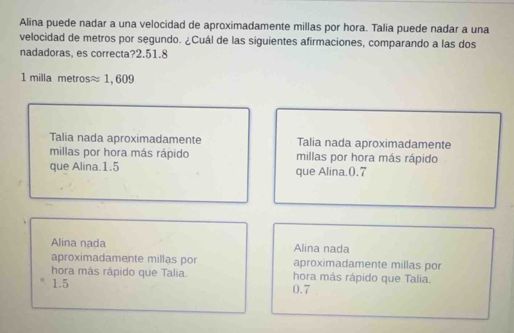 alina puede nadar a una velocidad de aproximadamente 2.5 millas por hor…