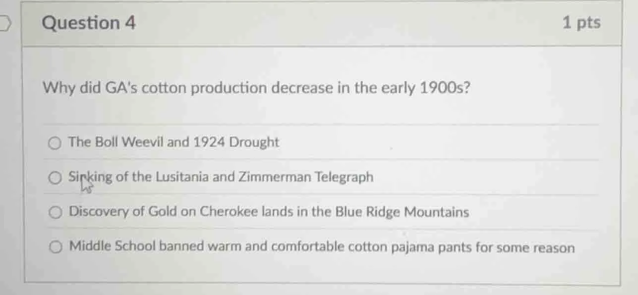 question 4 1 pts why did gas cotton production decrease in the early 19…