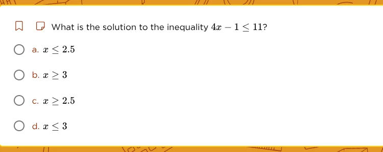 what is the solution to the inequality $4x - 1 \\leq 11$? \\(\\circ\\) …