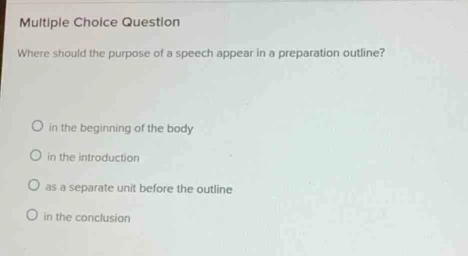 multiple choice question where should the purpose of a speech appear in…
