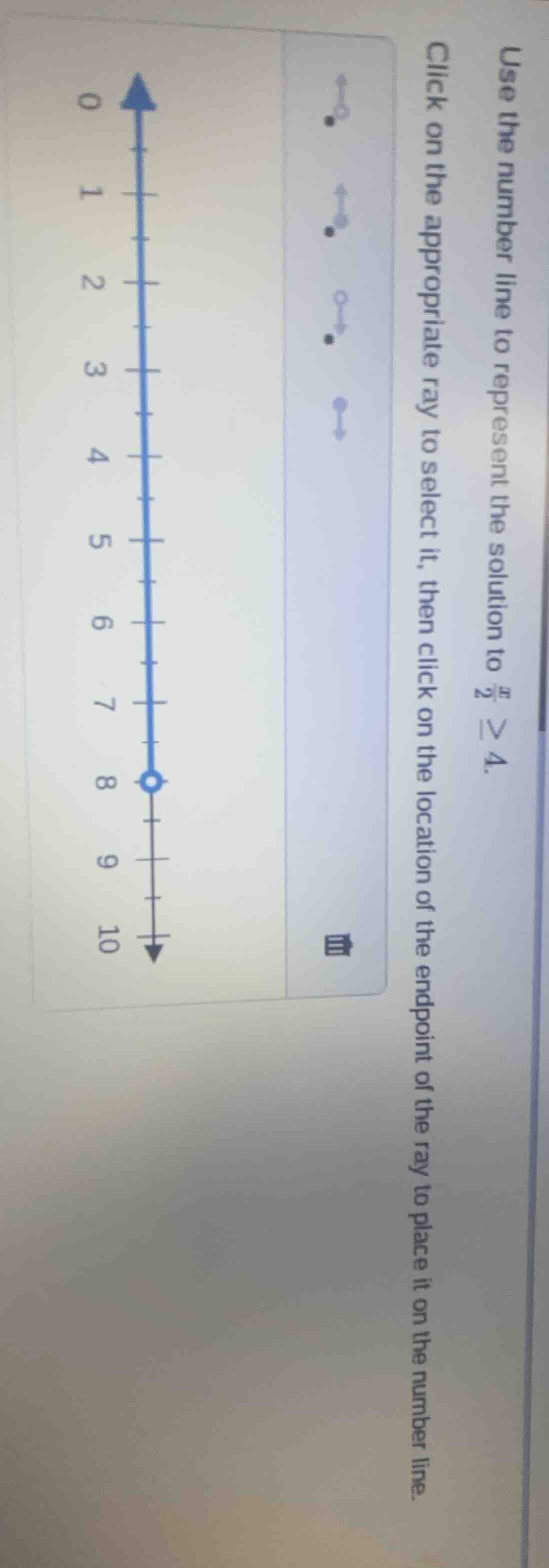 use the number line to represent the solution to \\(\\frac{x}{2} \\geq …