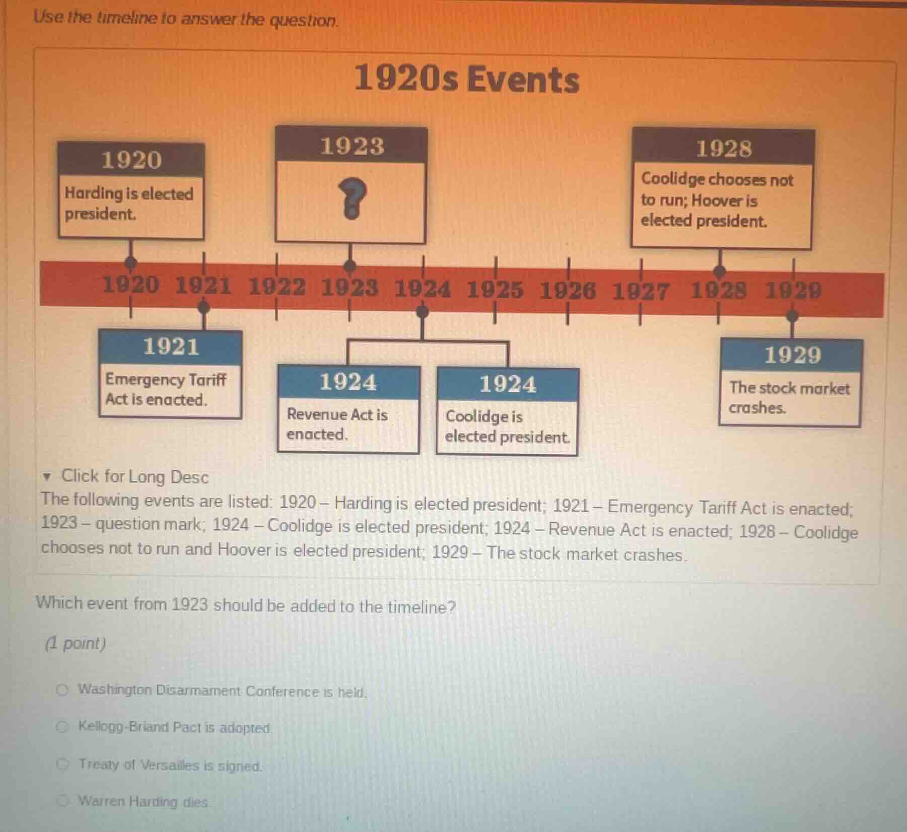 use the timeline to answer the question. 1920s events 1920: harding is …