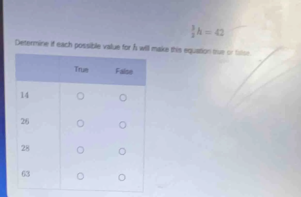 determine if each possible value for h will make this equation true or …
