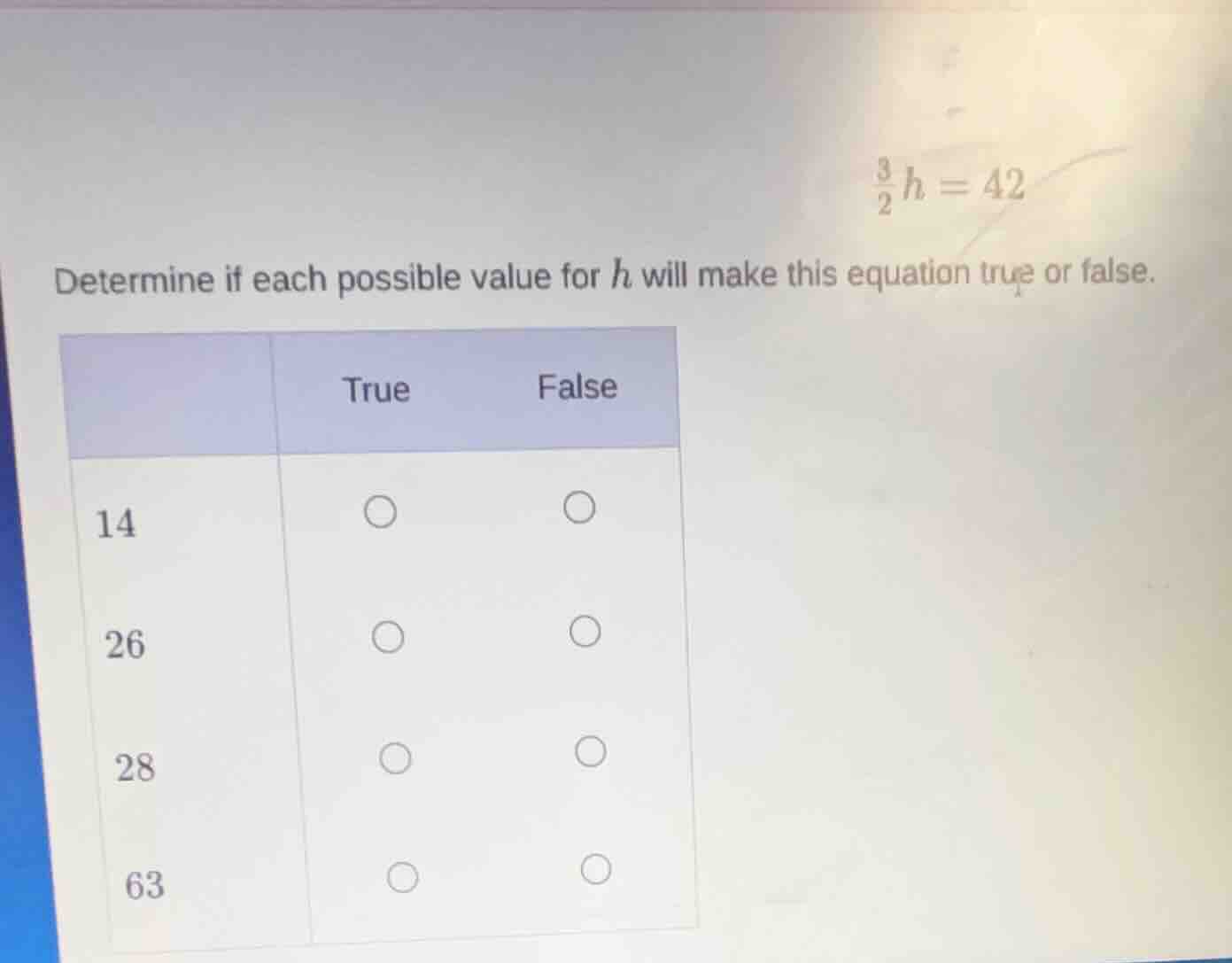 determine if each possible value for h will make this equation \\(\frac…