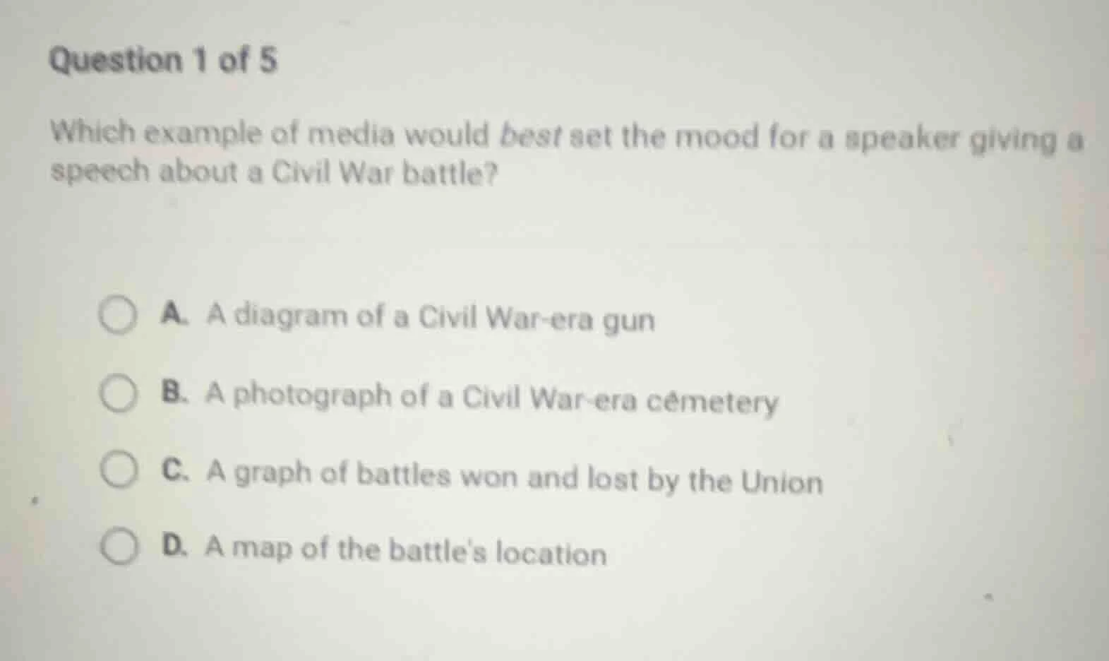 question 1 of 5 which example of media would best set the mood for a sp…