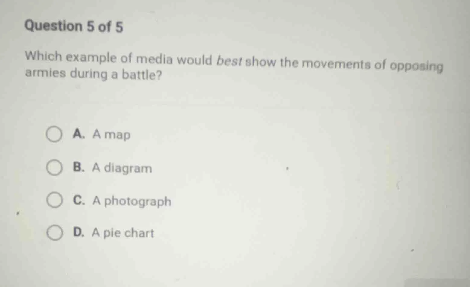 question 5 of 5 which example of media would best show the movements of…